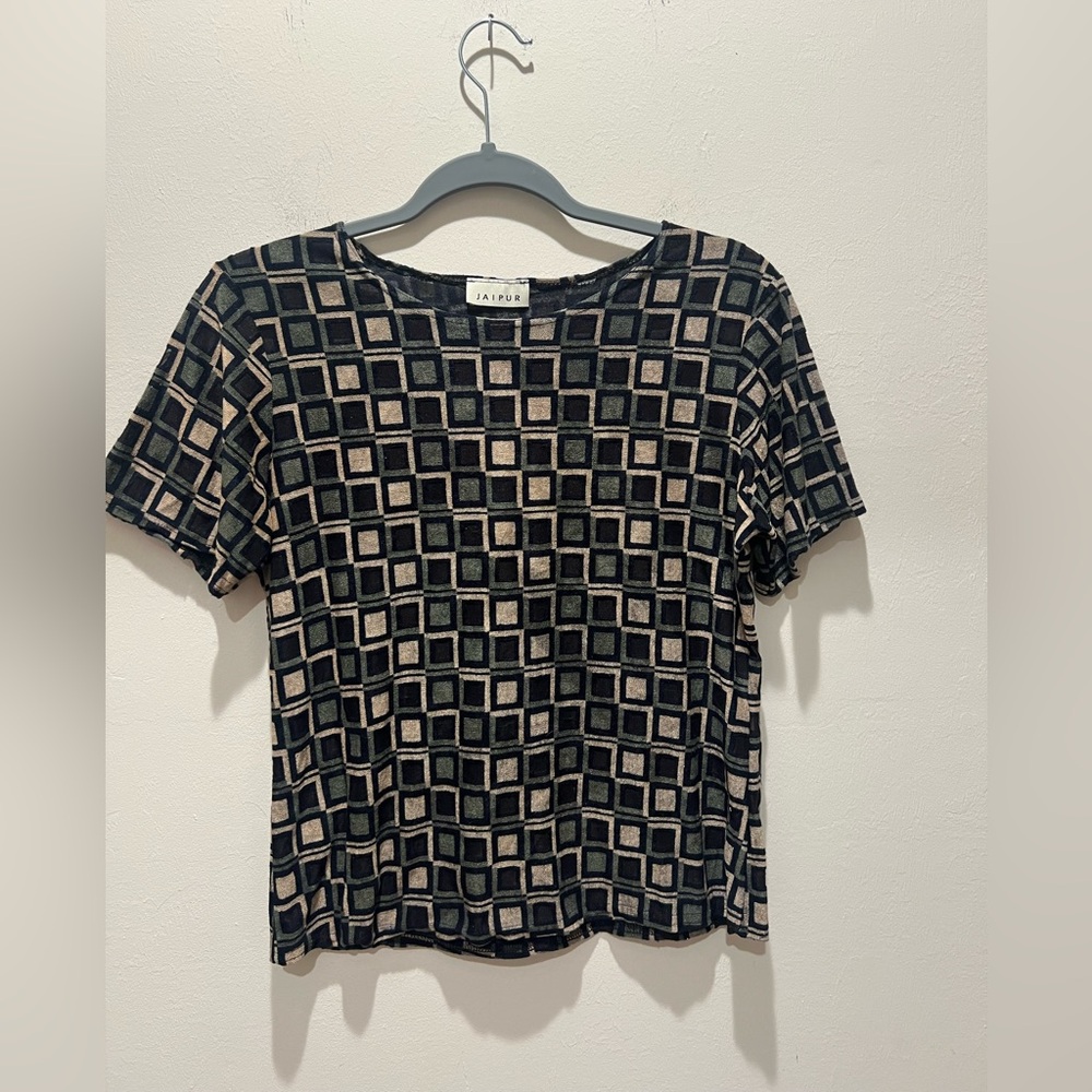 90s Vintage Semi Sheer Checkered Pattern Top Jaipur Black and Cream Women's Tee